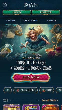 BetAlice Casino mobile Startseite