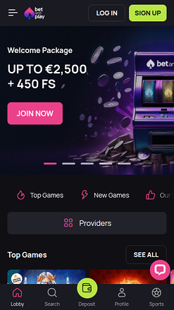 Мобильная главная страница Betandplay Casino