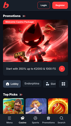 Pagina iniziale mobile di BetBay Casino
