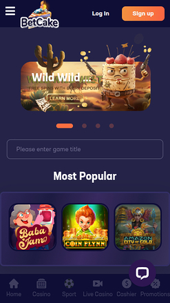 Página de inicio móvil de BetCake Casino