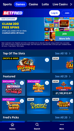 Page d'accueil mobile de Betfred Casino