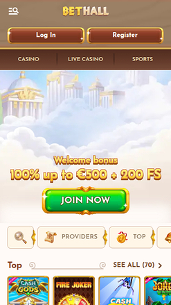Homepage mobile di BetHall Casino