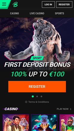 Page d'accueil mobile de Betinia Casino