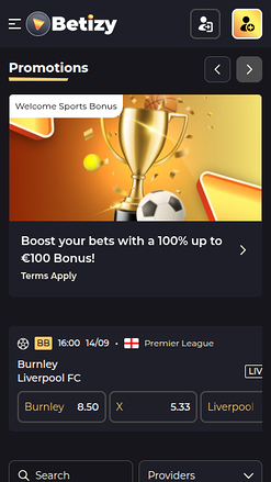 Betizy Casino Mobile Homepage