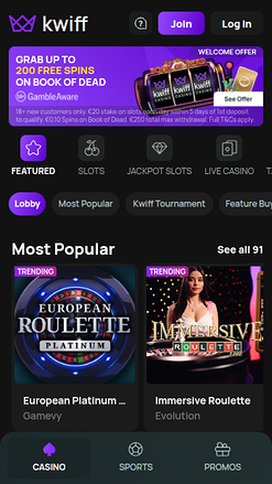 BetKwiff Casino Mobile Homepage