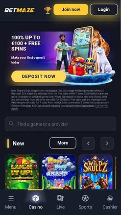 Betmaze Casino mobile homepage