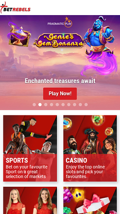 Page d'accueil mobile de BetRebels Casino