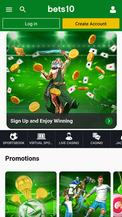Page d'accueil mobile de Bets10