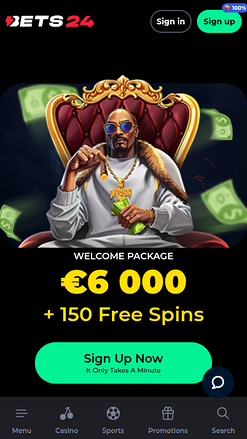 Page d'accueil mobile de Bets24 Casino