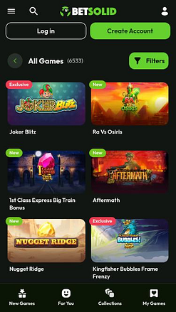 Pagina mobile dei giochi di BetSolid Casino