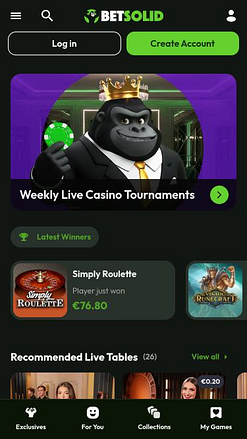 Pagina mobile di BetSolid Casino con croupier dal vivo