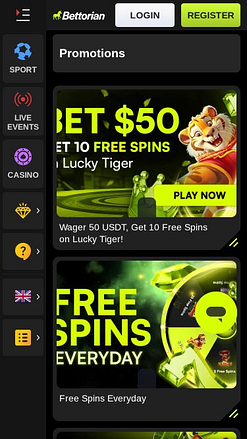 Bettorian Casino-Aktionsseite (Mobil)