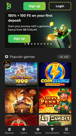 Página de inicio móvil de Betunlim Casino