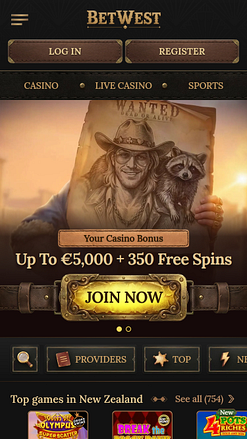 Page d'accueil mobile du casino Betwest