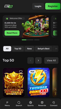Page d'accueil mobile du casino Betya