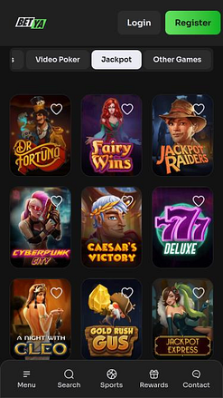 Page mobile du jackpot du casino Betya