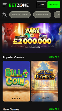 Homepage mobile di Betzone Casino