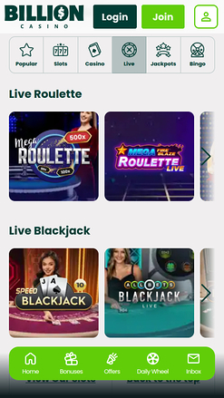 Croupier en direct mobile de Billion Casino