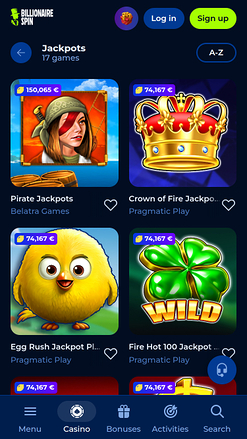 Jackpot mobile de BillionaireSpin Casino