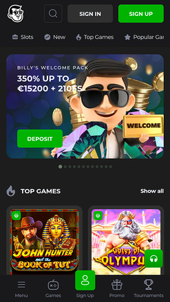 Page d'accueil mobile de Billy Billion Casino