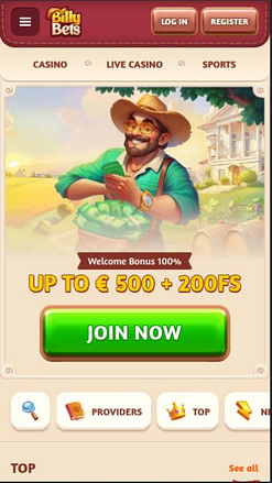 Capture d'écran mobile de la page d'accueil du casino BillyBets