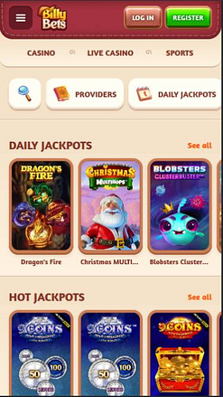 Capture d'écran de la page mobile Jackpot du casino BillyBets