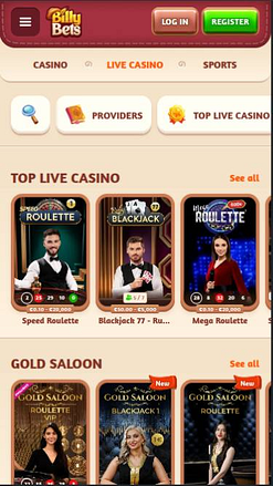 Capture d'écran de la page mobile en direct du casino BillyBets