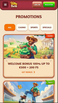Capture d'écran de la page mobile des promotions du casino BillyBets