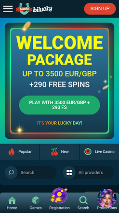 Bilucky Casino Mobile Homepage