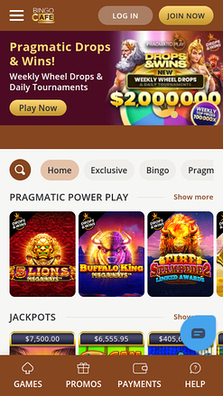 Homepage mobile di Bingo Cafe Casino