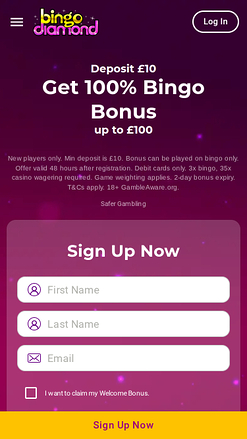 Homepage mobile di Bingo Diamond Casino