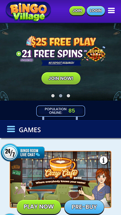 Page d'accueil mobile de Bingo Village Casino