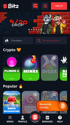 Página principal móvil del casino Bitz.io