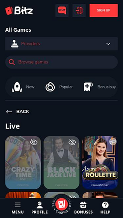Página móvil del casino Bitz.io con crupier en vivo