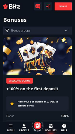 Página móvil de promociones del casino Bitz.io