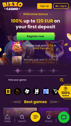 Page d'accueil mobile de Bizzo Casino
