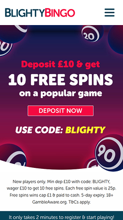Homepage mobile di Blighty Bingo Casino