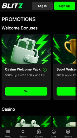 Captura de pantalla de la página móvil de promociones de Blitz Casino