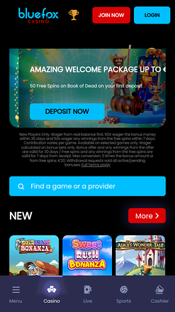 Homepage mobile di Blue Fox Casino
