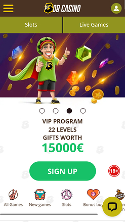 Page d'accueil mobile de Bob Casino