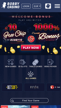 Page d’accueil mobile de Bobby Casino