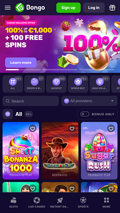 Homepage mobile di Bongo Casino