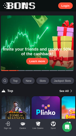 Page d'accueil mobile de Bons Casino