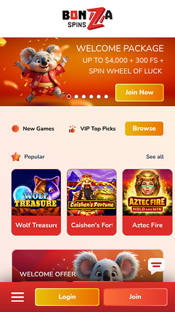 Homepage mobile di Bonza Spins Casino