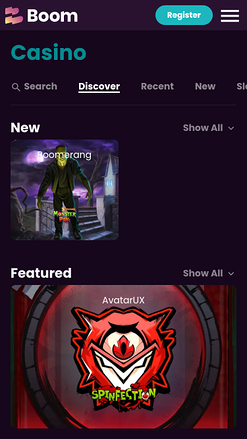 Page d’accueil mobile de Boom Casino