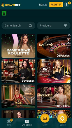 Мобильная страница казино BravoBet с живыми дилерами