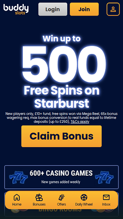 Page d'accueil mobile de Buddy Slots Casino