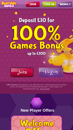 Pagina iniziale mobile di Bumble Bingo