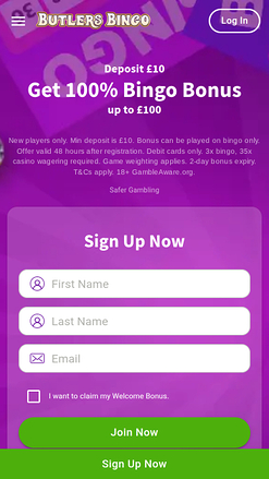 Page d'accueil mobile de Butlers Bingo