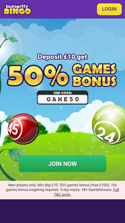 Главная страница мобильного приложения Butterfly Bingo
